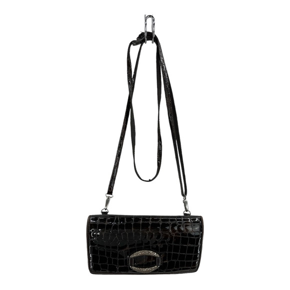 Brighton Womens Crossbody Bag Brown Patent Crocodile Print Snap Flap Card Slot M - Picture 1 of 12